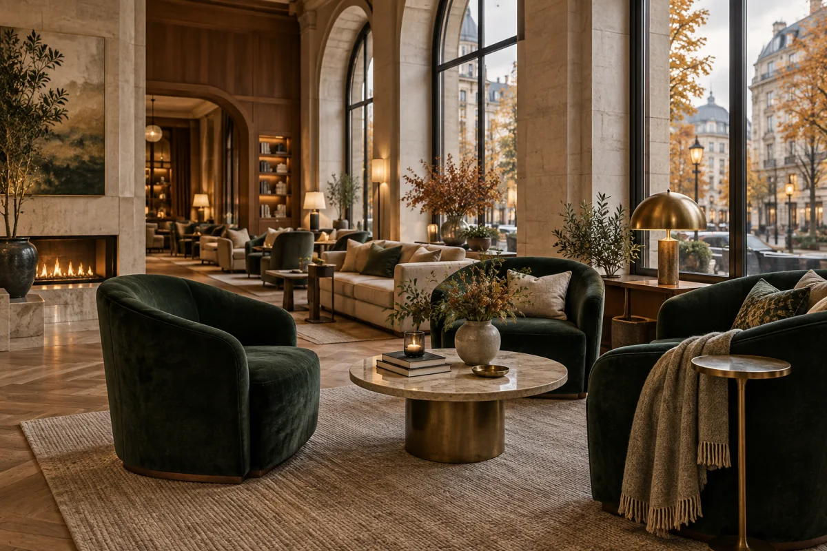 Kuvitteellinen hotellilounge, lämpimiä valaisimia ja vihreitä nojatuoleja